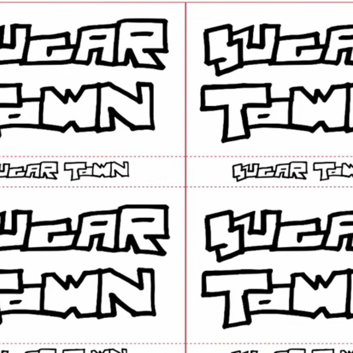 The Sugar Town Demo cassette cover art, imposed with a large sharpie-written Sugar Town logo for what will go on the front of the cassette and a small Sugar Town logo on the back which will go on the back of the cassette.