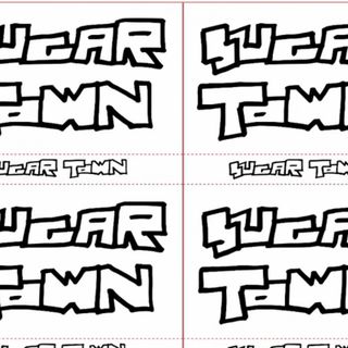 The Sugar Town Demo cassette cover art, imposed with a large sharpie-written Sugar Town logo for what will go on the front of the cassette and a small Sugar Town logo on the back which will go on the back of the cassette.